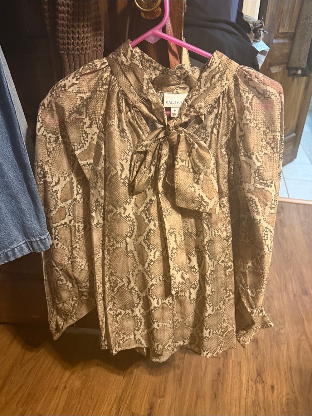Bailey 44 Snake-Print Tie-Neck Blouse in Tan and Cream